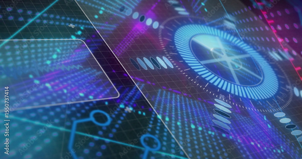 Poster displaying holographic circular gauge rotating on digital dashboard, with glowing neon data nodes