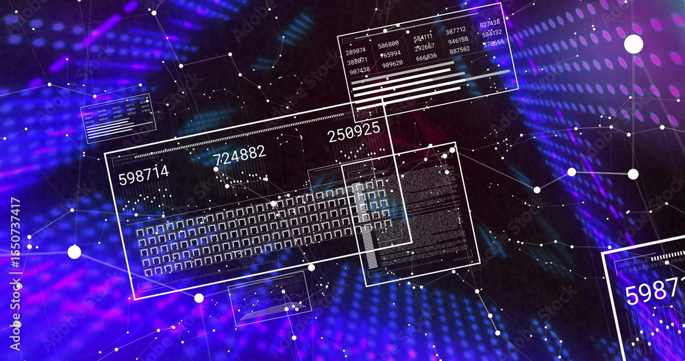 Poster floating translucent keyboard showing numeric panels in cyberspace, with lines and glowing nodes