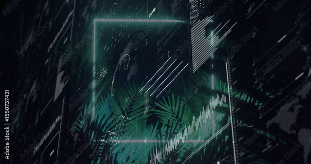 Poster glowing neon green frame floating in data space, displaying line graphs bar charts and palm fronds