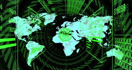Projecting green holographic world map rotating inside digital tunnel, with rings and data codes