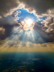 Dramatic sun ray symbolizing heavenly light symbolize divine presence, truth, spiritual illumination,
