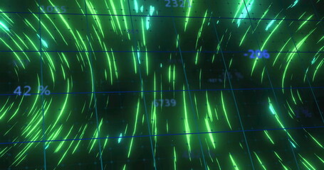 Displaying glowing green flow streaks swirling in 3D grid, with grid lines and numeric labels