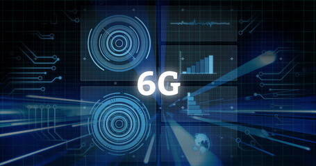 Obraz premium Displaying 6G text in digital network, grid overlay, HUD panels, waveform and bar chart, globe icon