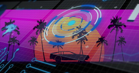 Showcasing sports car on neon grid at sunset, with palm trees, sun graphic and digital overlay