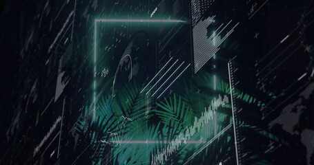 Glowing neon green frame floating in data space, displaying line graphs bar charts and palm fronds