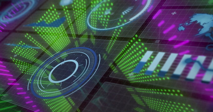 Floating circular gauge display panel in virtual dashboard, with green dot-matrix columns - Powered by Adobe