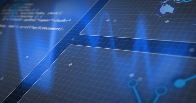 Displaying interface panel on computer screen showing grid, code plus markers and world map nodes