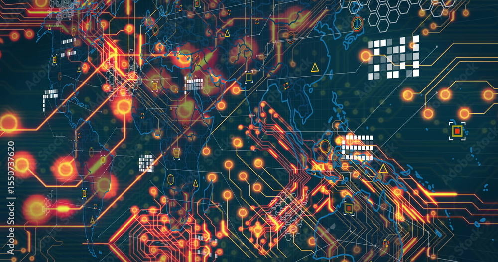 Poster displaying global network visualization on dashboard, featuring circuit traces and glowing nodes