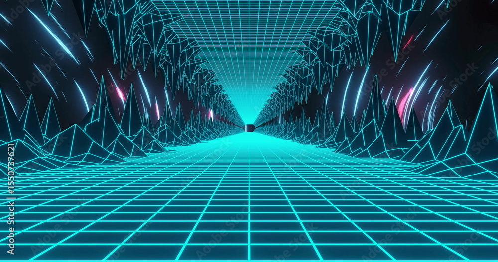 Poster glowing cyan wireframe tunnel extending to horizon in simulation, with pink-purple glow and cube