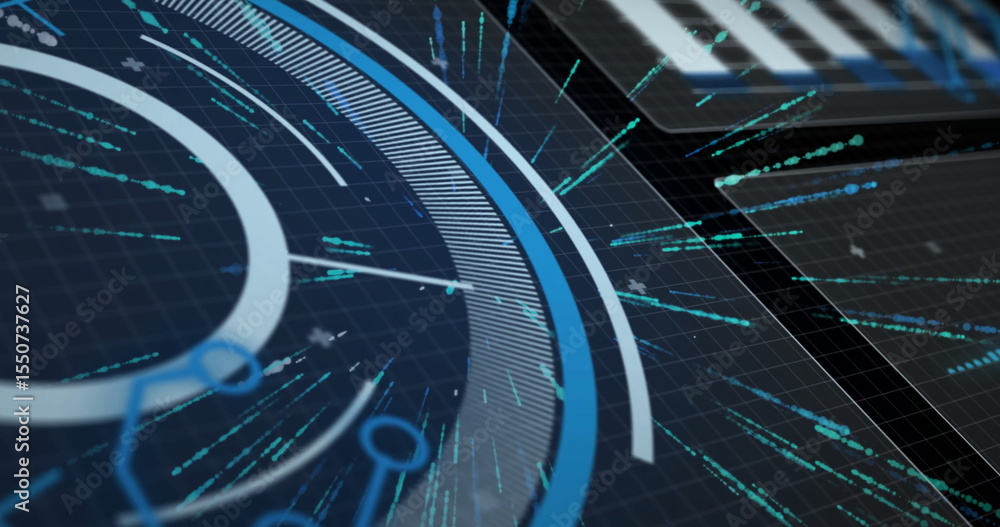 Poster Showing circular data display on digital interface with blue teal lines and rectangular panels