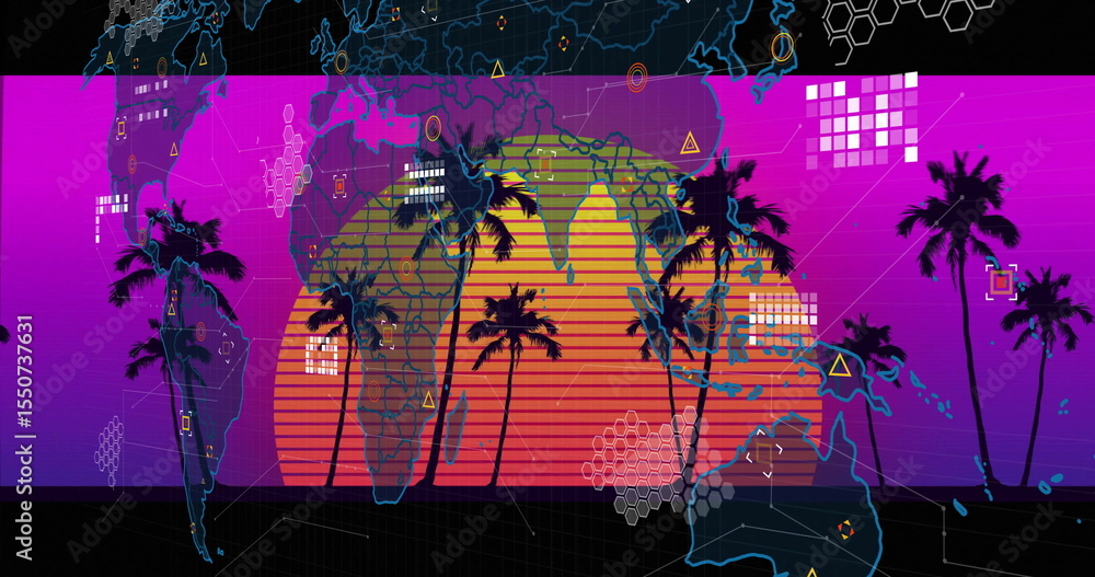 Poster displaying world map featuring palm trees and sun disk on neon gradient interface with gridlines