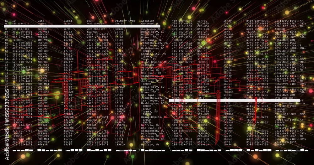 Poster rendering 3d neon grid pulsing in cyber network, with glowing nodes, light trails and data columns