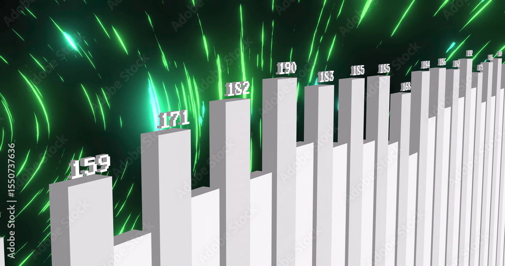 Poster visualizing 3d bar chart showing data in digital interface, with numeric labels atop each bar