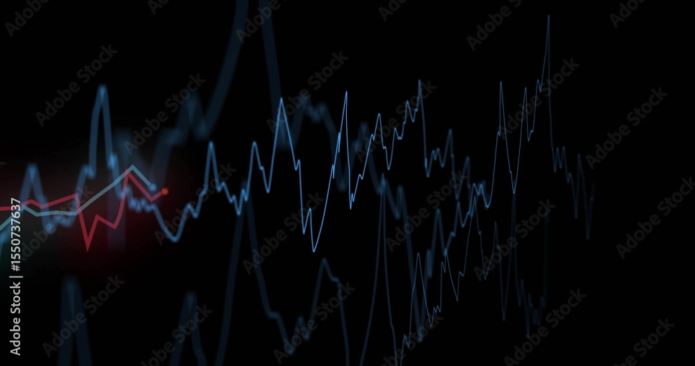 Poster displaying neon blue and pale red waveforms overlapping on black void, data visualization style