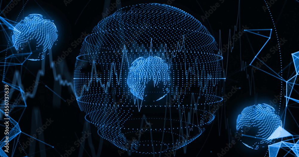 Poster floating central holographic sphere emitting blue points in virtual cyberspace, with nested sphere