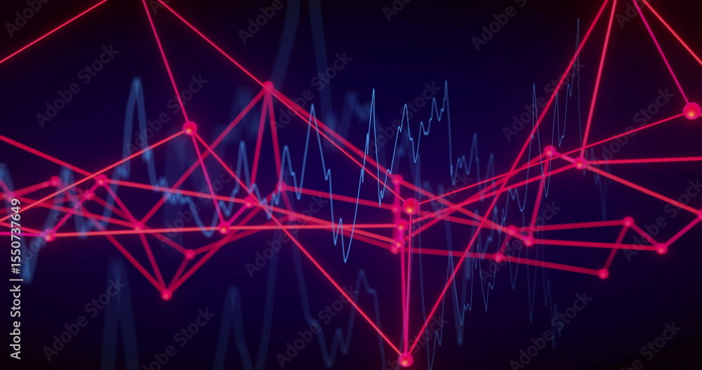 Poster displaying neon red network connecting circular nodes on dark gradient backdrop, with blue waveform