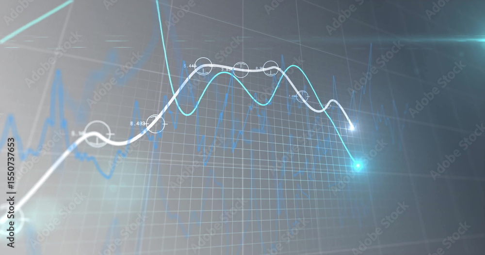Aufkleber displaying white and cyan line graphs on 3d grid plane with glowing nodes, faint blue waveform
