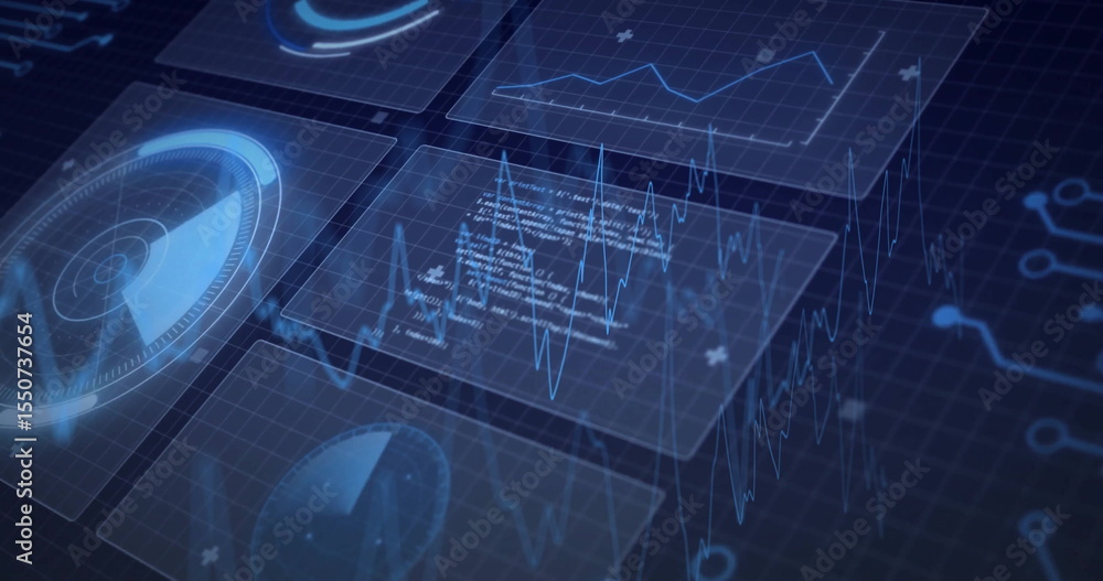 Poster floating holographic panels over dark blue grid plane showing graphs, charts, gauge, code and nodes