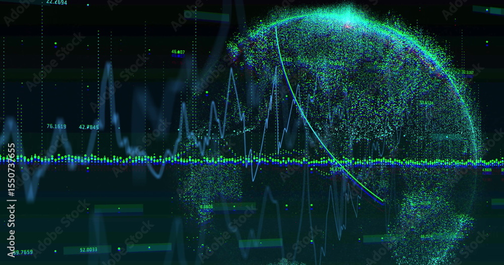 Poster rotating digital globe visualizing data on dashboard, with charts, graphs and labels, copy space