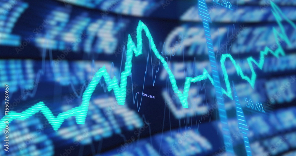 Poster displaying turquoise line chart trending on trading terminal, with candlestick and ticker data