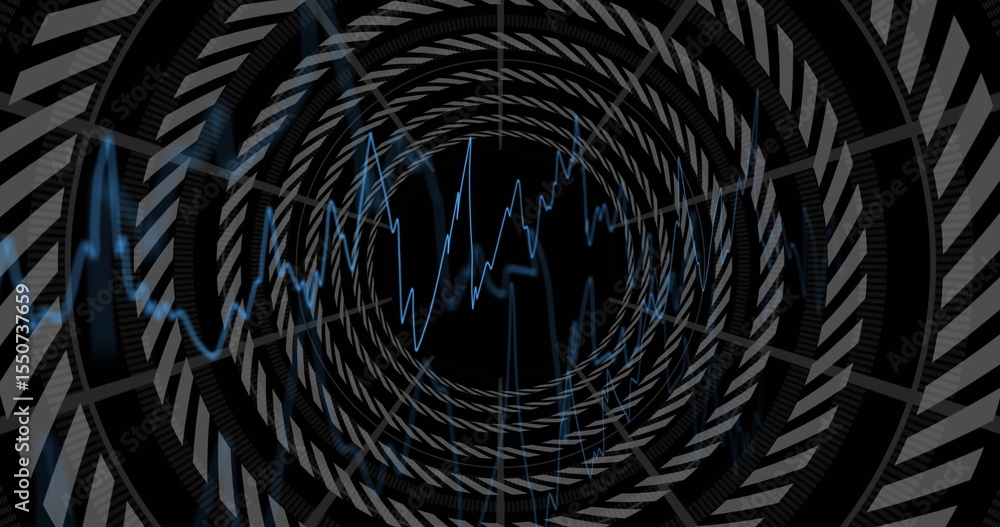 Poster spiraling rings forming tunnel with blue waveform line weaving through alternating diagonal stripes