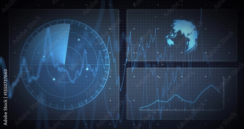 Poster displaying interface in dashboard grid, showing radar scanner, ecg line, globe icon and line chart