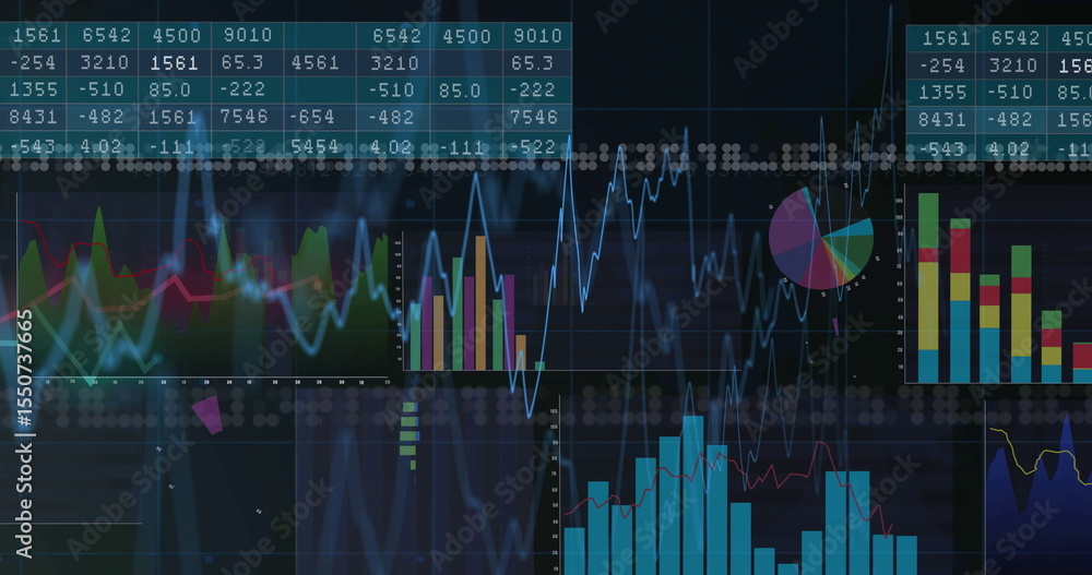 Poster displaying data dashboard on screen, with numeric tables, line graph, pie chart and bar charts