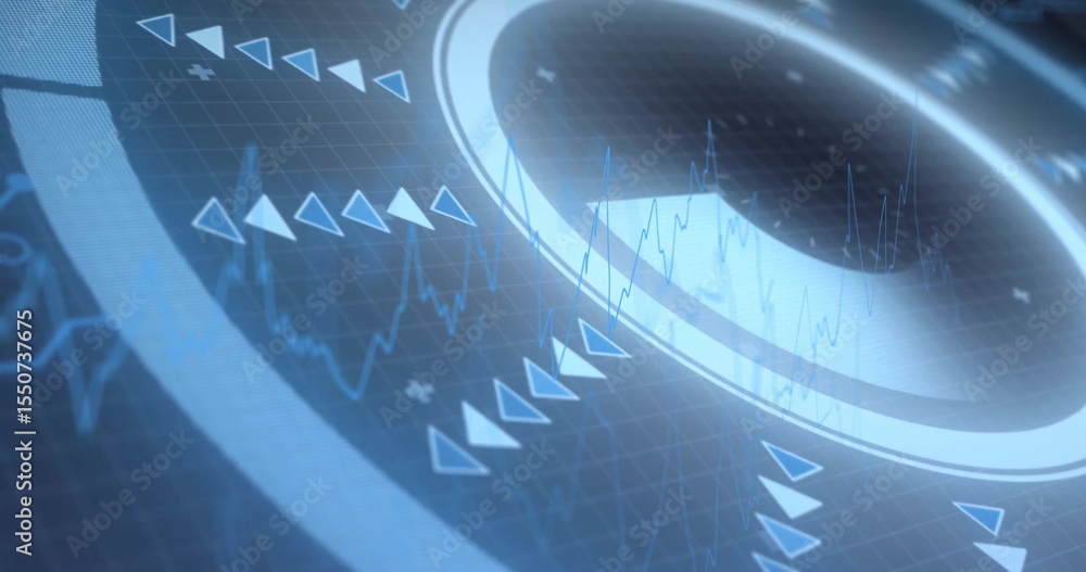 Poster displaying glowing circular ring interface on grid background, with triangular pointers and charts
