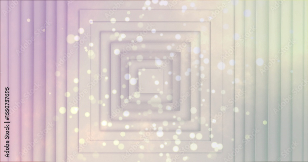 Poster displaying concentric squares forming tunnel in pastel graphic with bokeh orbs and gradient stripes