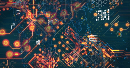 Displaying global network visualization on dashboard, featuring circuit traces and glowing nodes