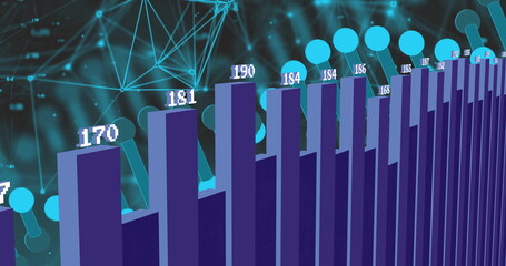 Displaying 3D violet bar chart with numeric labels in analytics, with connecting line and mesh