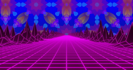 Displaying neon pink grid receding toward vanishing point in digital realm, with wireframe peaks