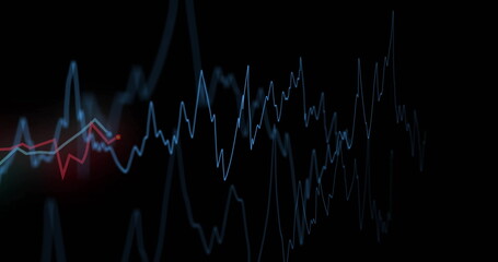 Displaying neon blue and pale red waveforms overlapping on black void, data visualization style