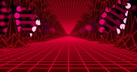 Glowing wireframe corridor extending in cyberspace, with pink grid, peaks and spikes, disc panels