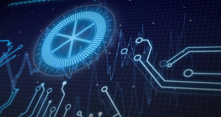 Animating holographic interface rings, circuit traces, waveforms, particles on grid HUD, copy space
