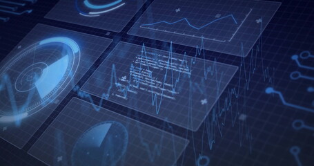 Floating holographic panels over dark blue grid plane showing graphs, charts, gauge, code and nodes