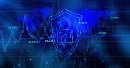 Showing shield icon with padlock, pulsating in cyber grid with world map, pulse line and numbers