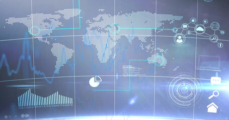 Fototapeta premium Showing dashboard interface with dotted world map, bar, line and pie charts, HUD network icons