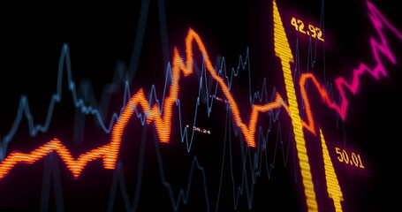 Displaying orange line crossing blue line with magenta line, yellow bars and grid lines on screen