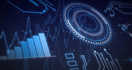 Displaying futuristic digital dashboard on tech display, with bar chart and HUD gauge