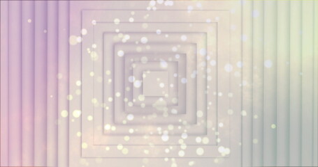 Displaying concentric squares forming tunnel in pastel graphic with bokeh orbs and gradient stripes