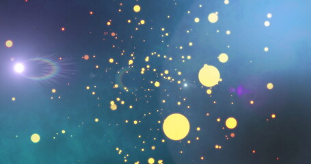 Radiating yellow orbs drifting across deep blue-green field with orange specks, flare reflections © vectorfusionart