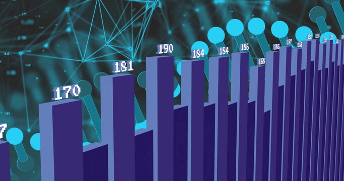 Displaying 3D violet bar chart with numeric labels in analytics, with connecting line and mesh - Powered by Adobe