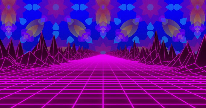 Fototapeta Displaying neon pink grid receding toward vanishing point in digital realm, with wireframe peaks