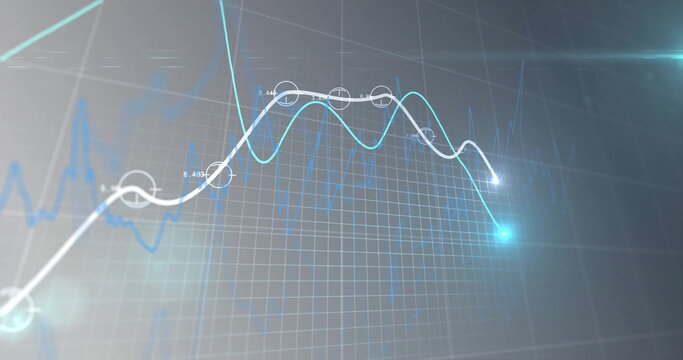 Displaying white and cyan line graphs on 3D grid plane with glowing nodes, faint blue waveform