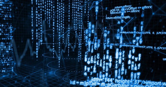 Streaming code snippets over grid floor, with alphanumeric streams forming waveform data tunnel