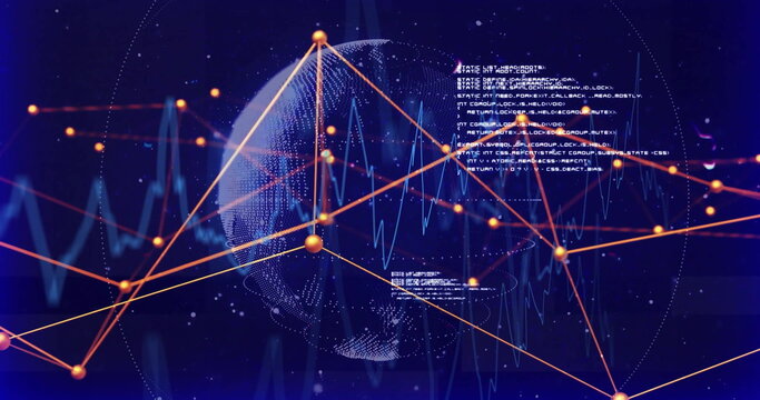 Displaying dot matrix globe pulsing with orange nodes in data interface, code and blue waveform