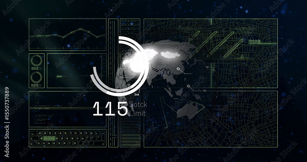 Poster showing circular progress indicator over world map at virtual dashboard with line chart, grid maps