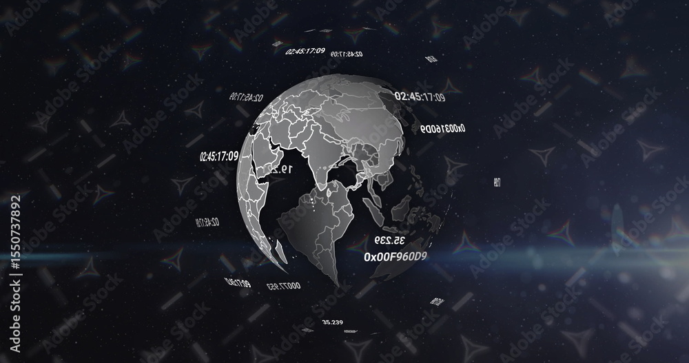 Poster rotating grayscale 3d globe displaying asia in virtual data space, with floating alphanumeric codes