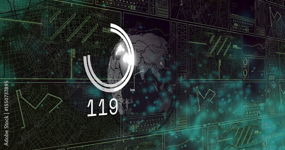 Poster Displaying white circular progress indicator showing 119 overlaying globe on network UI grid maps